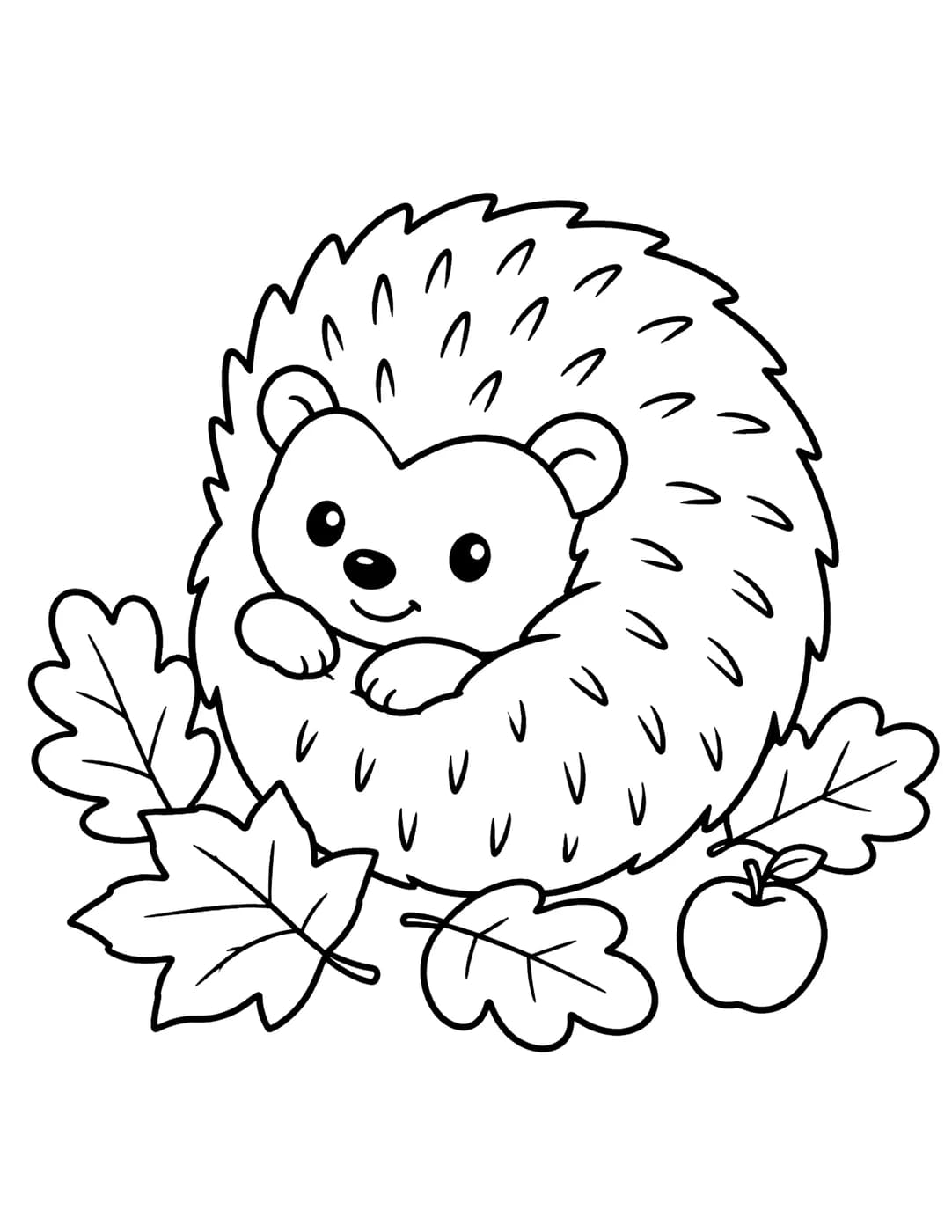 Line art of a hedgehog curled up among fallen autumn leaves