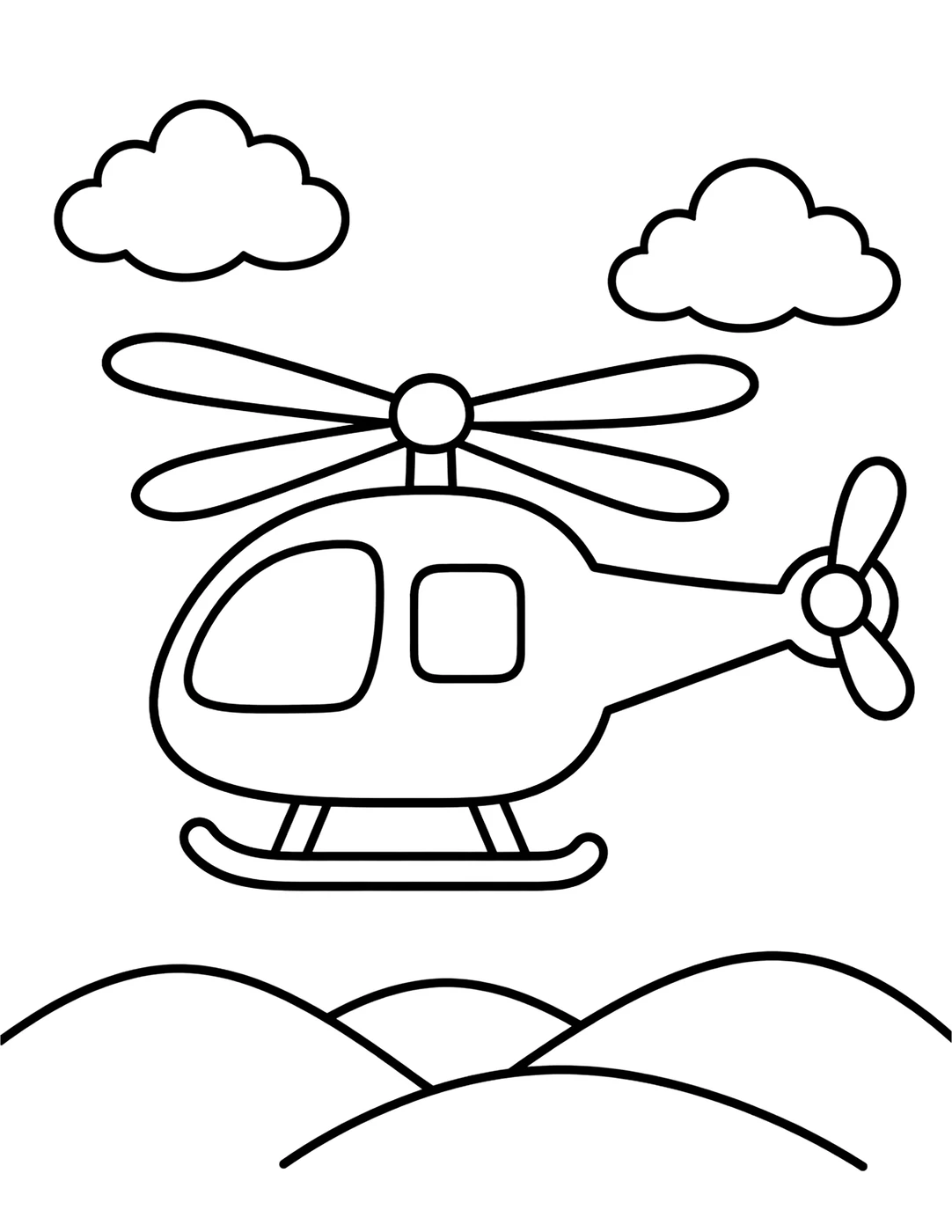 Line art of a helicopter flying over rolling hills