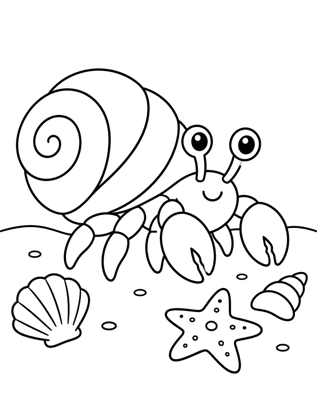 Line art of a hermit crab walking on the beach
