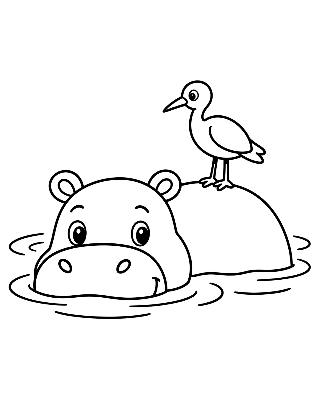 Line art of a hippo wading in a river with a bird on its back