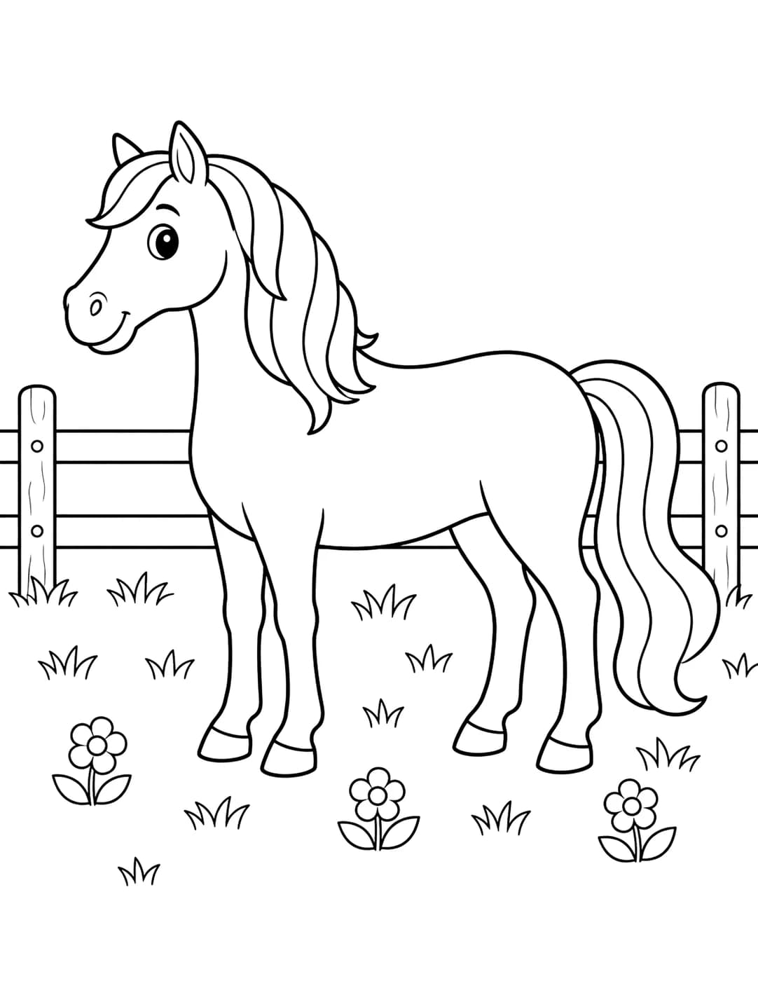 Line art of a horse with a flowing mane standing in a meadow