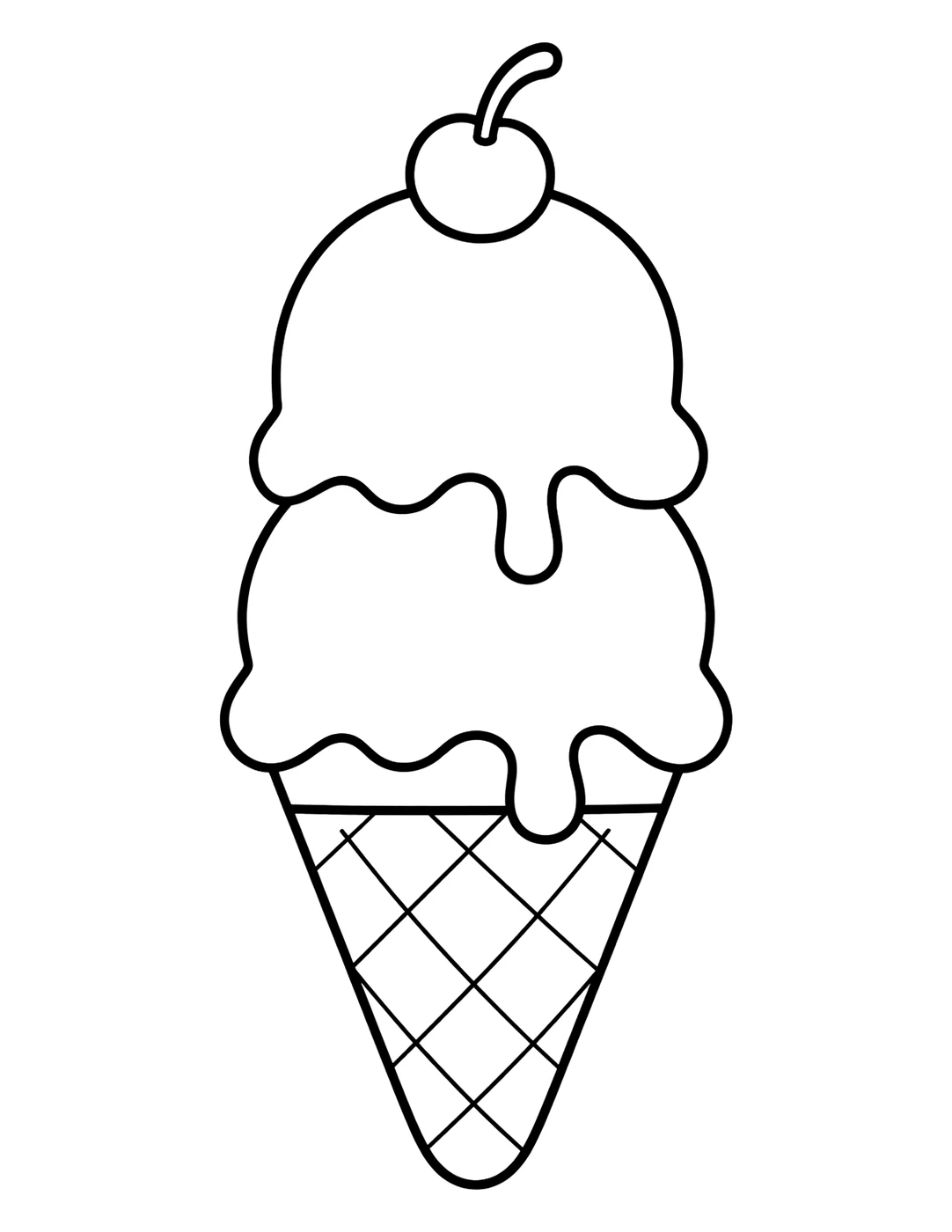 Line art of an ice cream cone with two scoops and a cherry on top