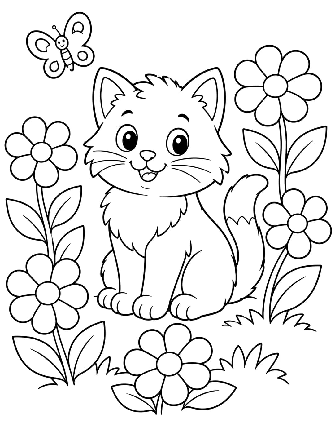 Line art of a kitten sitting among flowers with a butterfly above