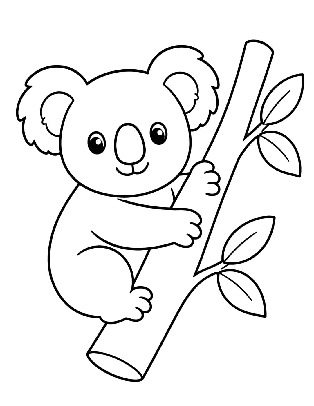 Line art of a koala hugging a eucalyptus tree branch