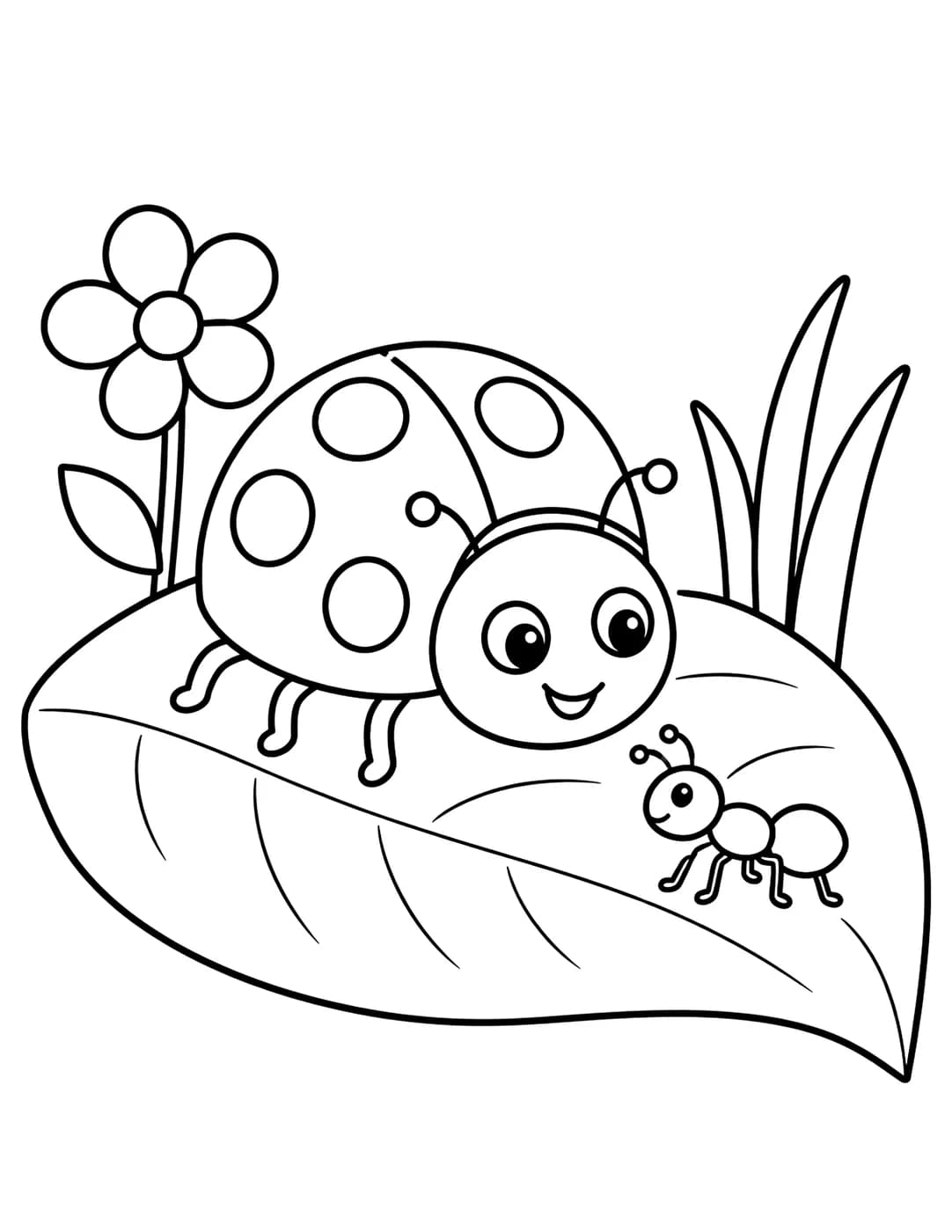 Line art of a ladybug and a small ant standing on a leaf