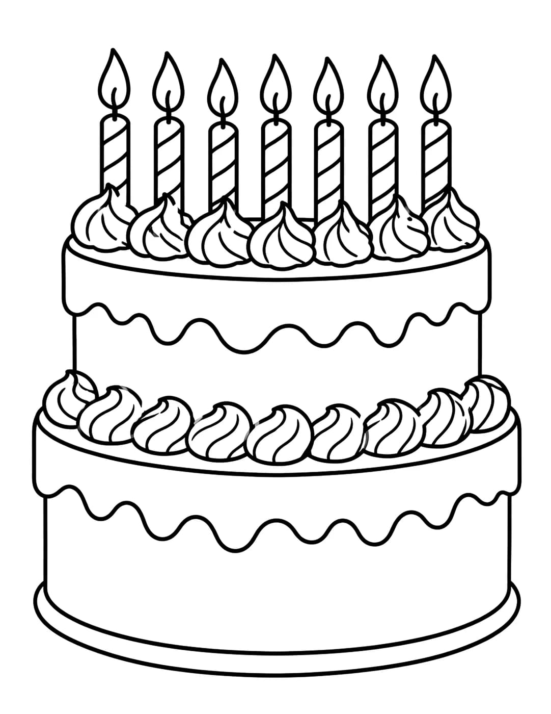 Line art of a two-layer birthday cake with frosting and lit candles