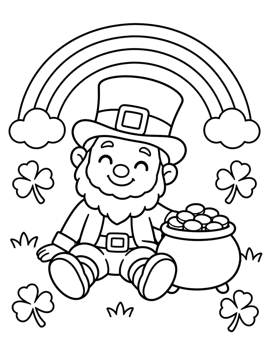 Line art of a leprechaun with a pot of gold under a rainbow