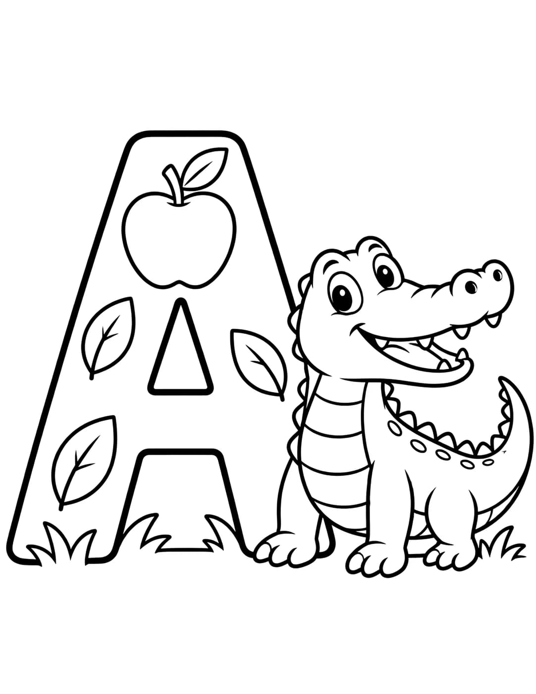 Line art of the letter A decorated with an apple, next to an alligator