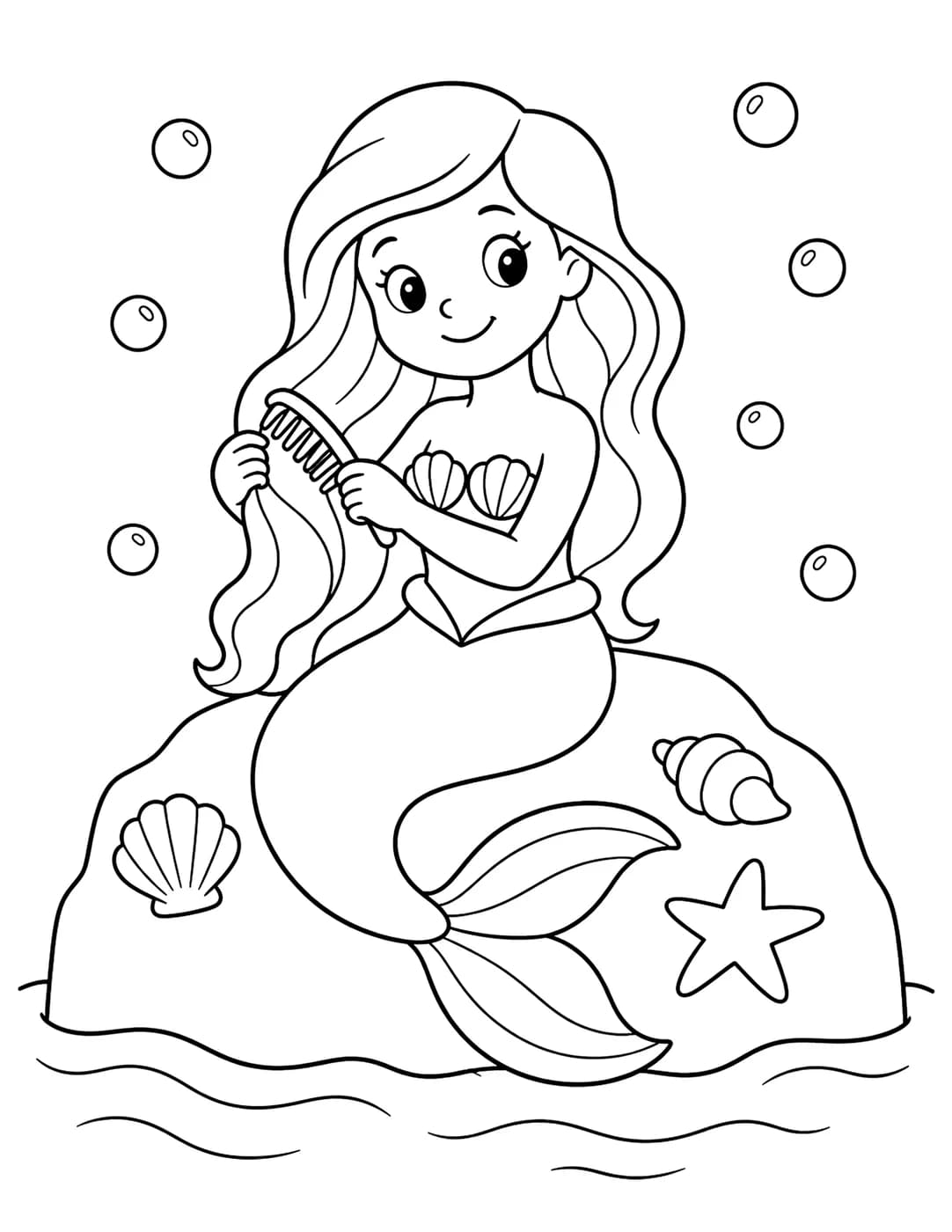 Line art of a mermaid sitting on a rock combing her hair with seashells nearby