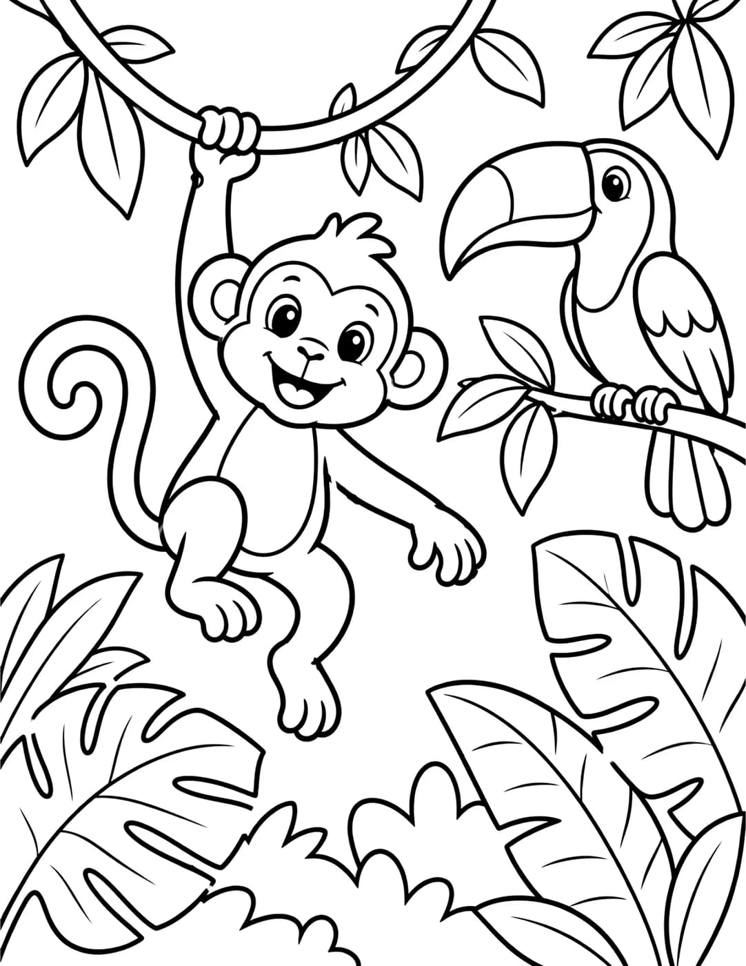 Line art of a monkey hanging from a vine near a toucan in the jungle