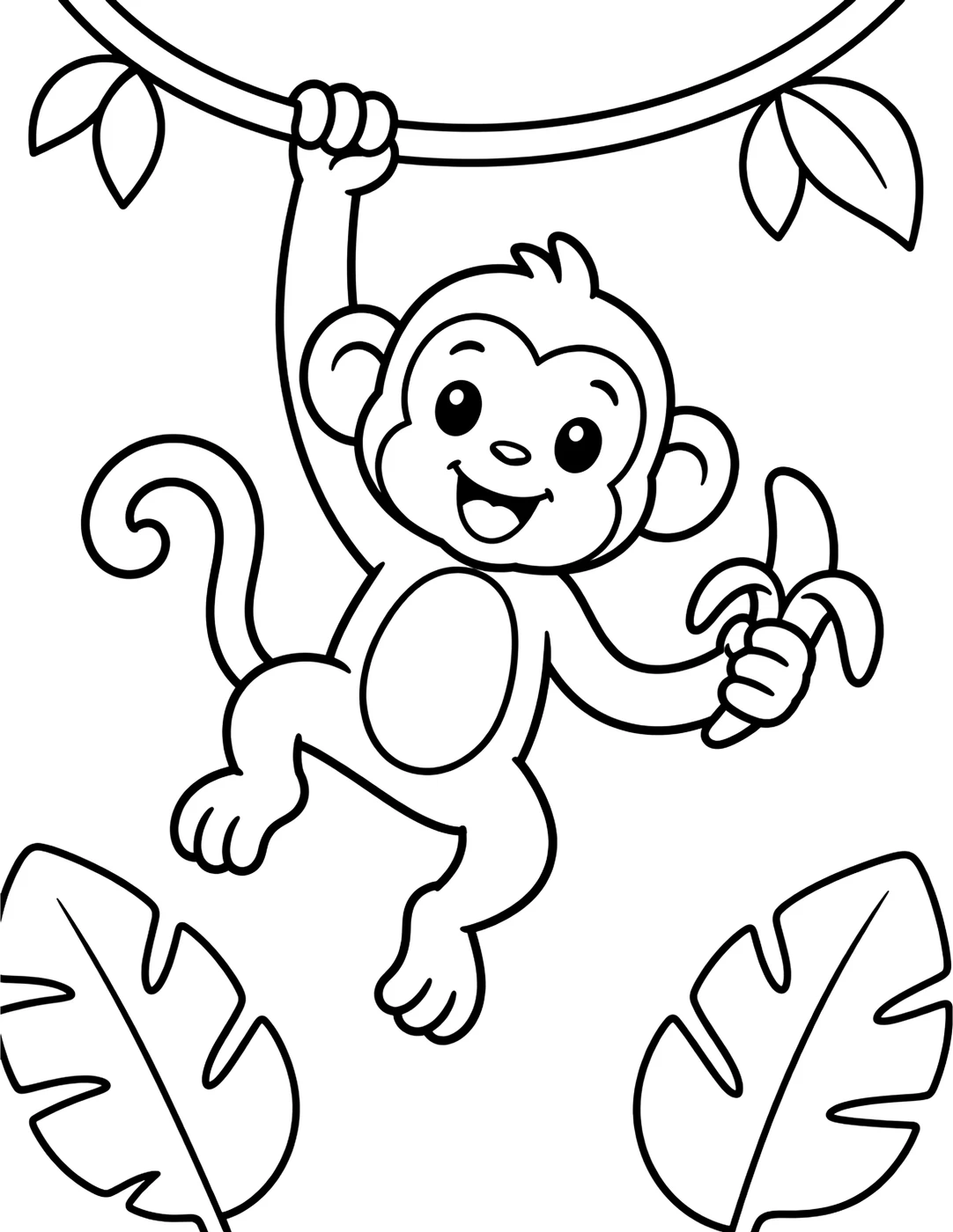Line art of a monkey swinging from a vine with a banana