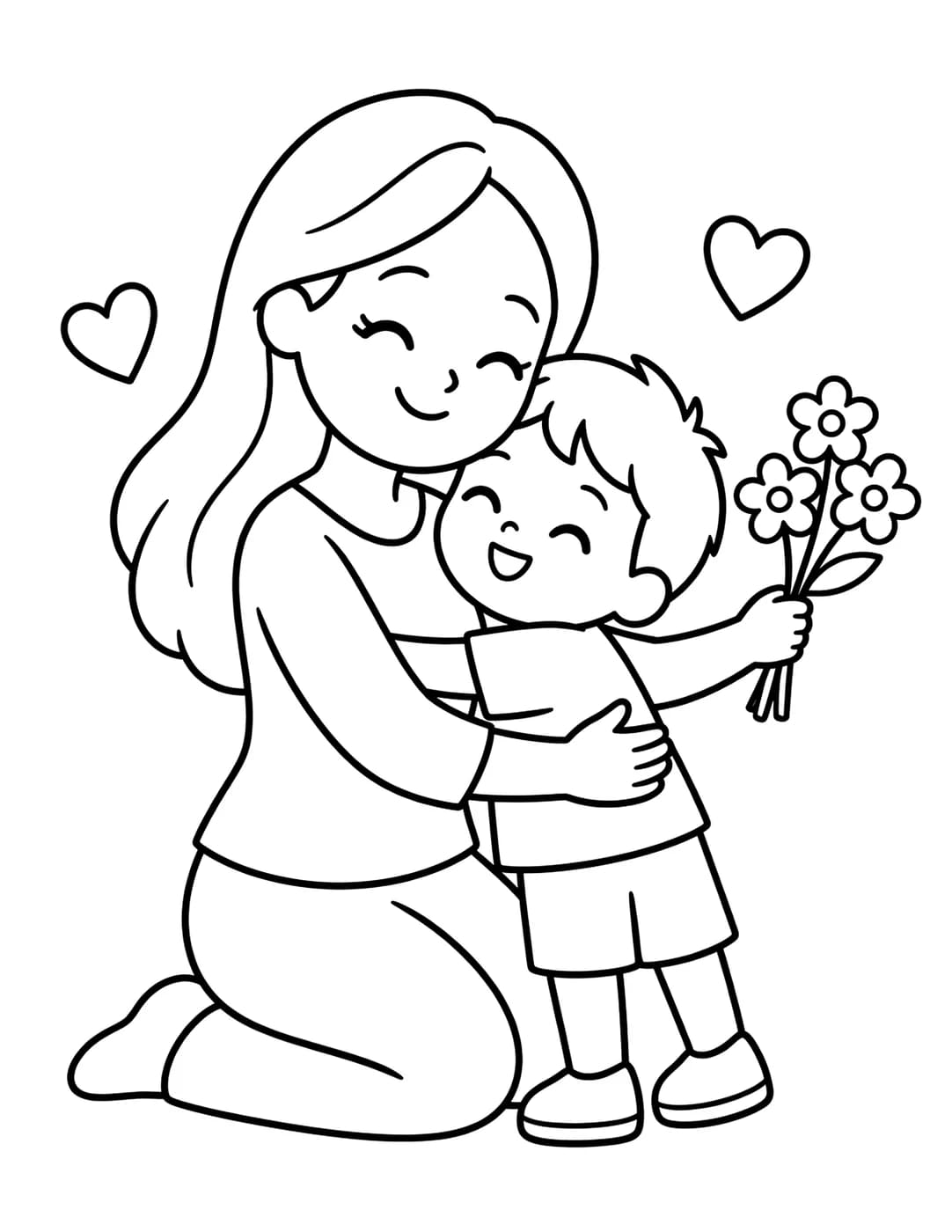 Line art of a mother and child hugging while holding flowers