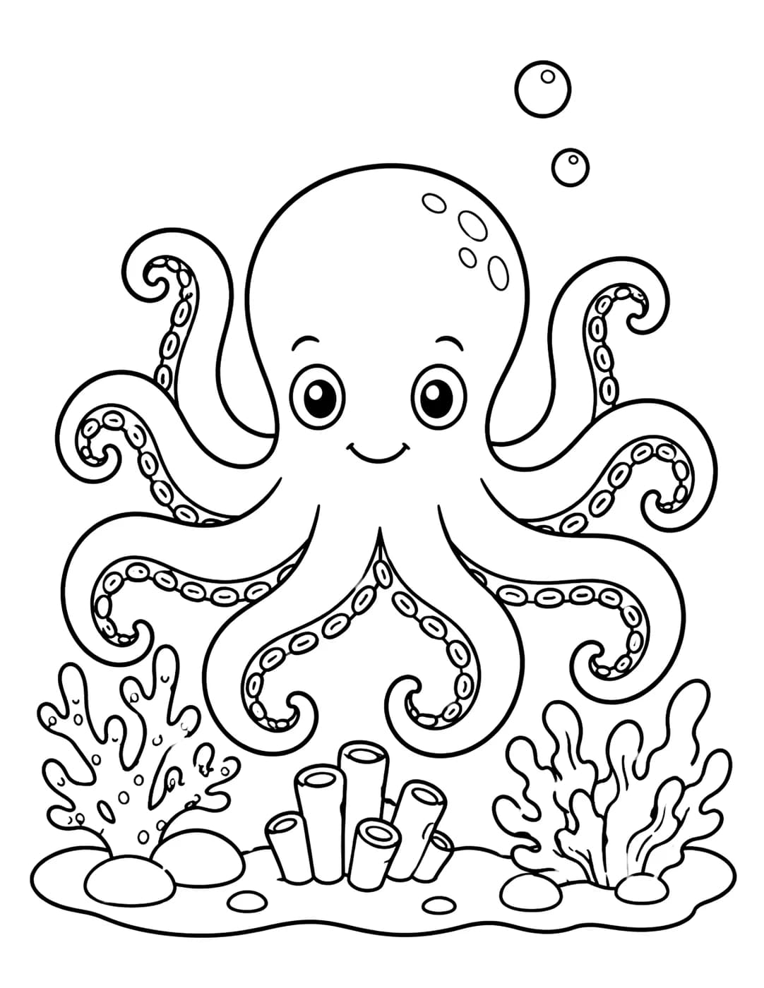 Line art of an octopus with curling tentacles resting among coral