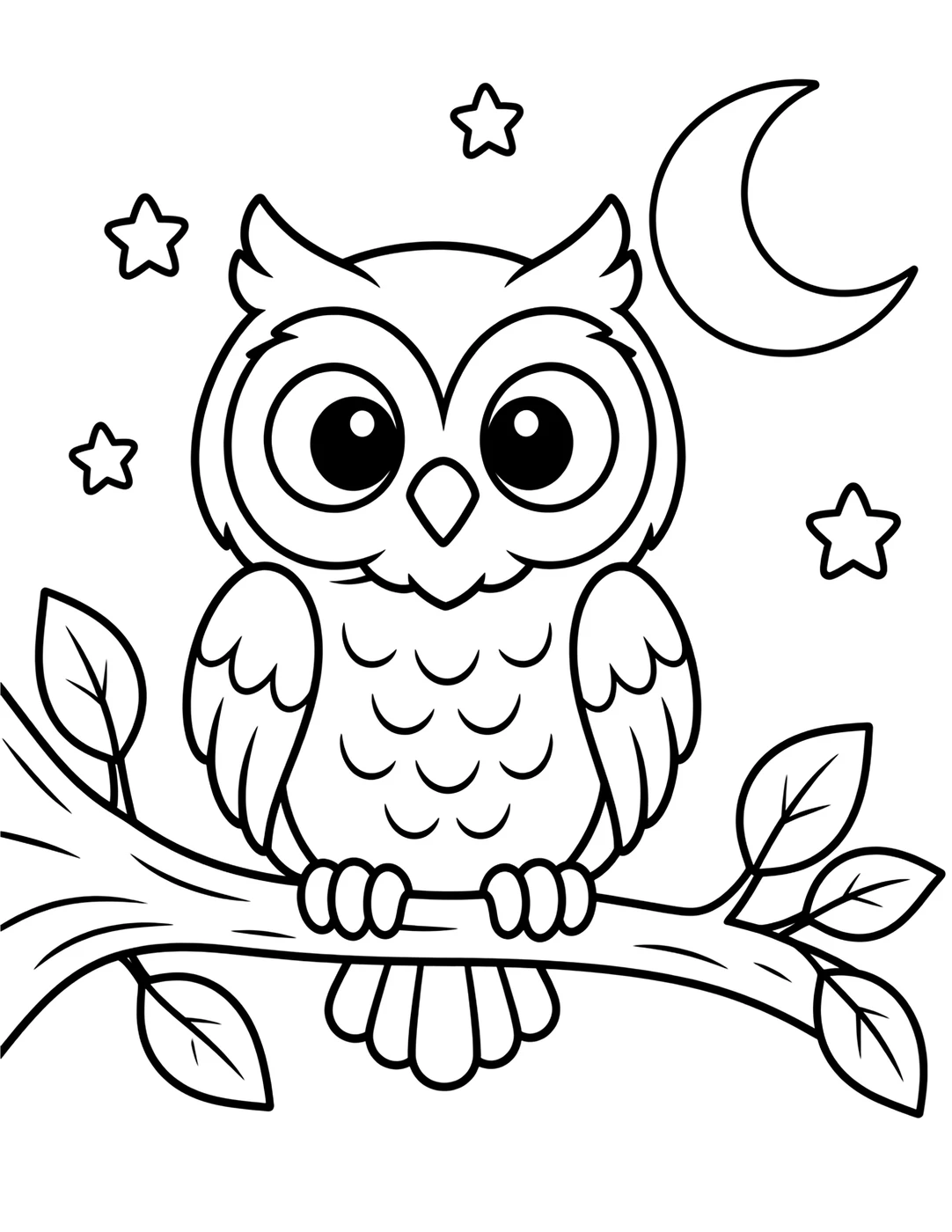 Line art of an owl perched on a tree branch at night under a crescent moon