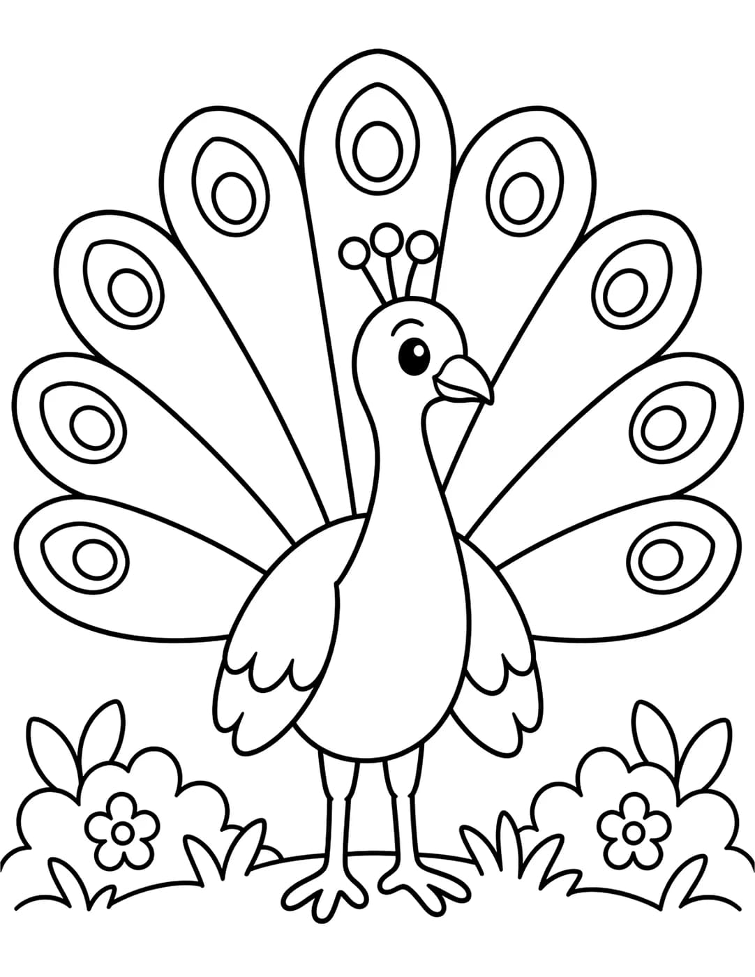 Line art of a peacock with its tail feathers fully fanned out