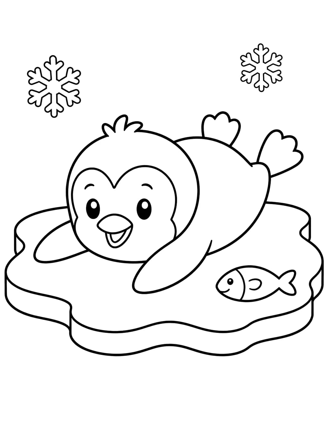Line art of a penguin sliding on its belly across the ice