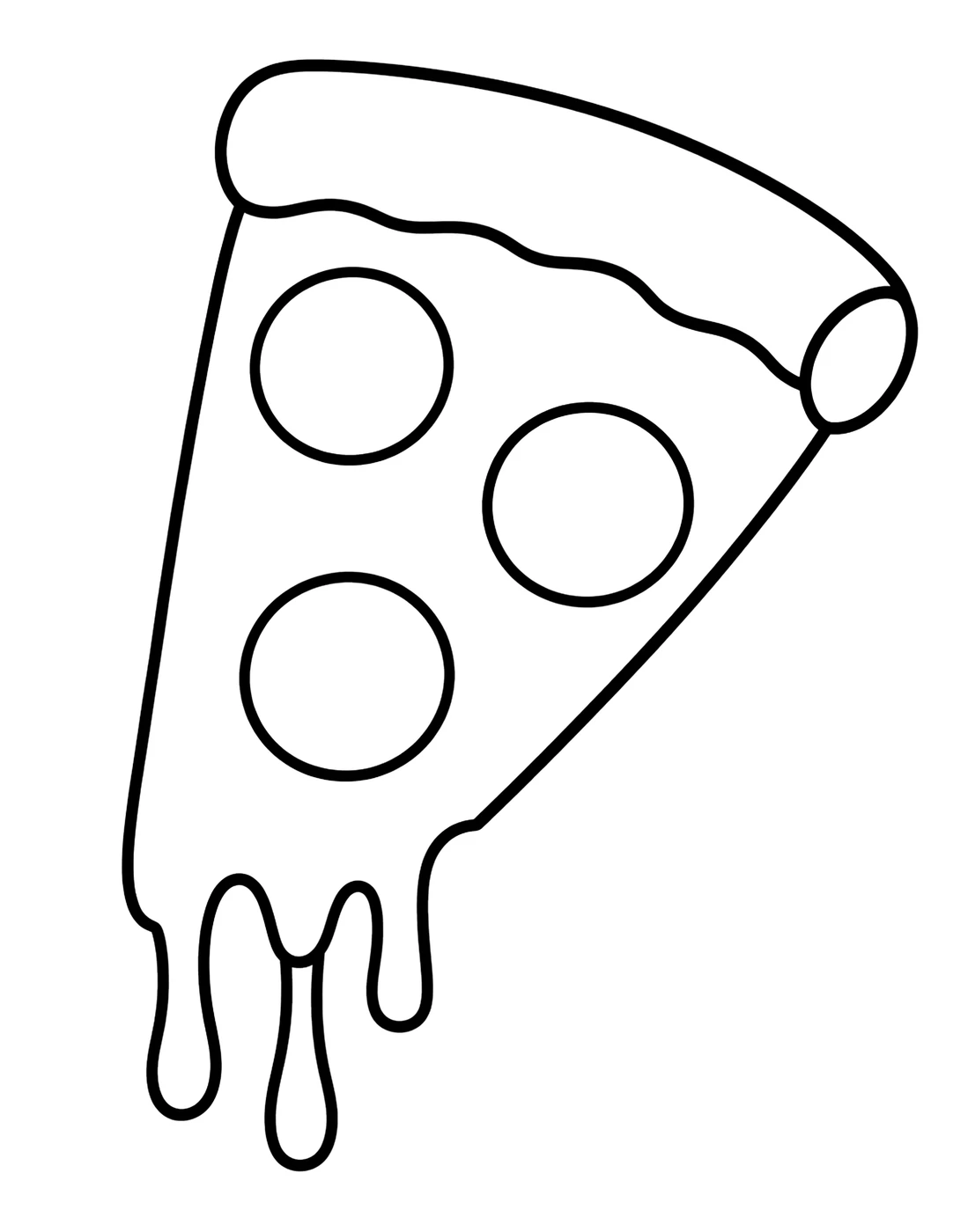 Line art of a pizza slice with pepperoni and stretchy melted cheese