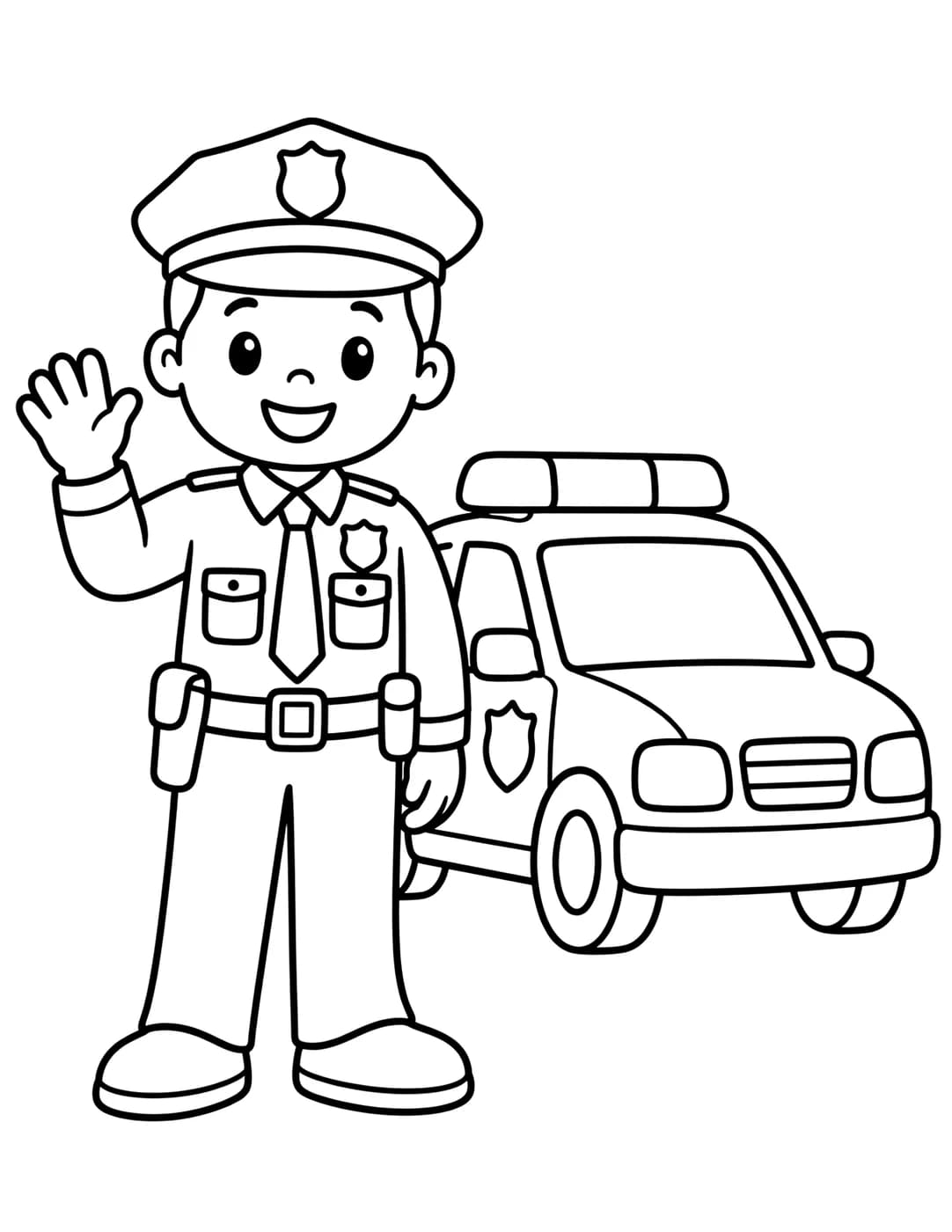Line art of a police officer waving by a patrol car
