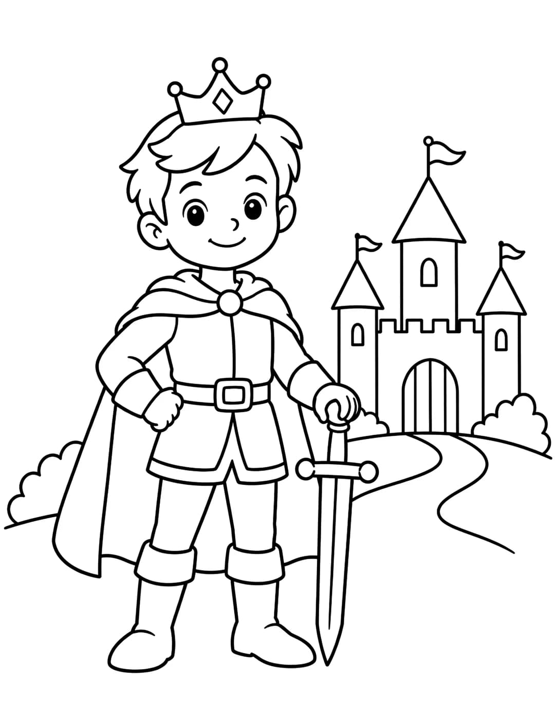 Line art of a prince standing by a castle