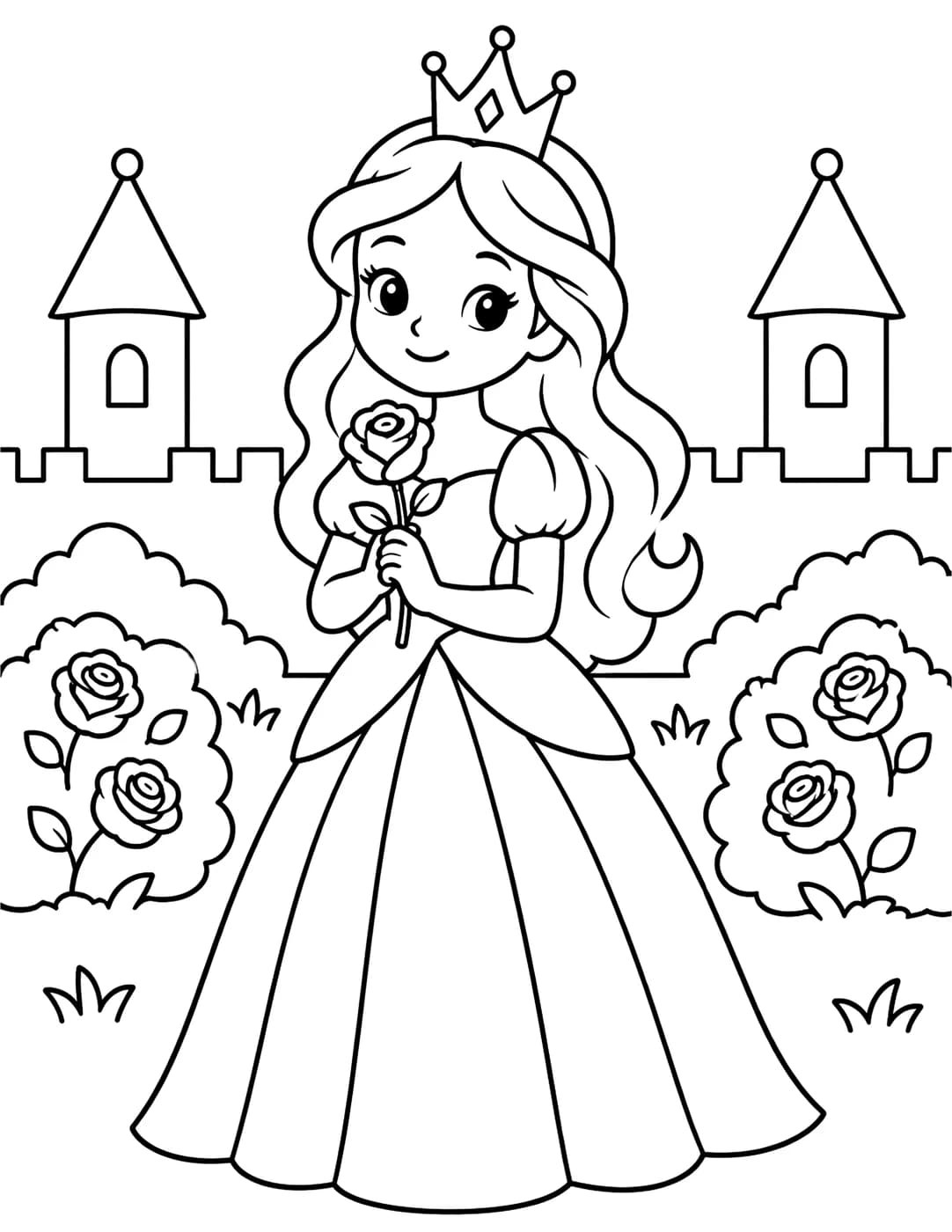 Line art of a princess standing in a castle garden