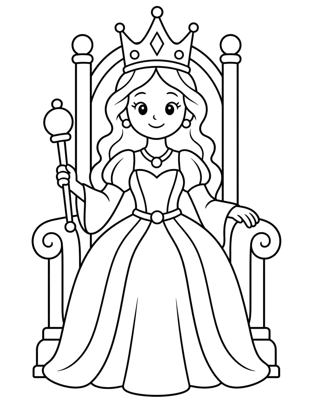 Line art of a queen sitting on her throne