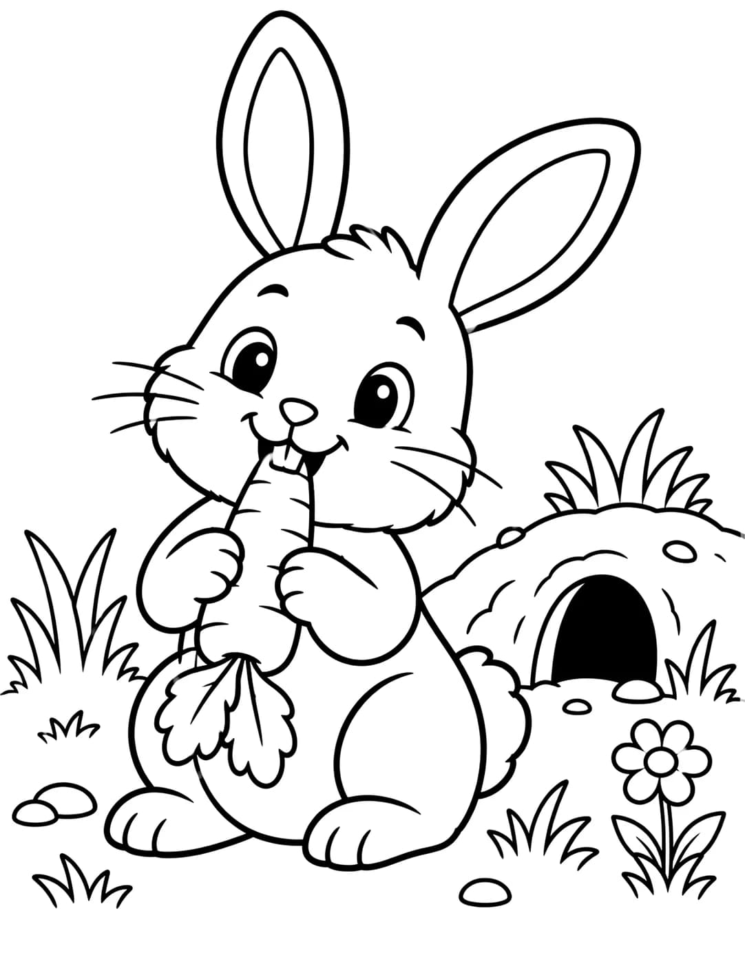 Line art of a rabbit nibbling a carrot beside its burrow