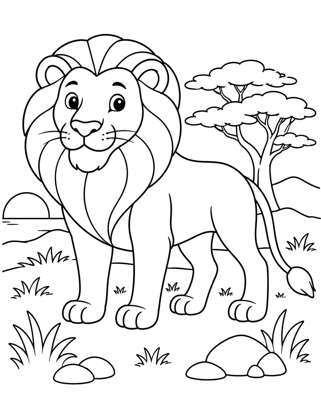 Realistic line art of a lion standing in tall savanna grass