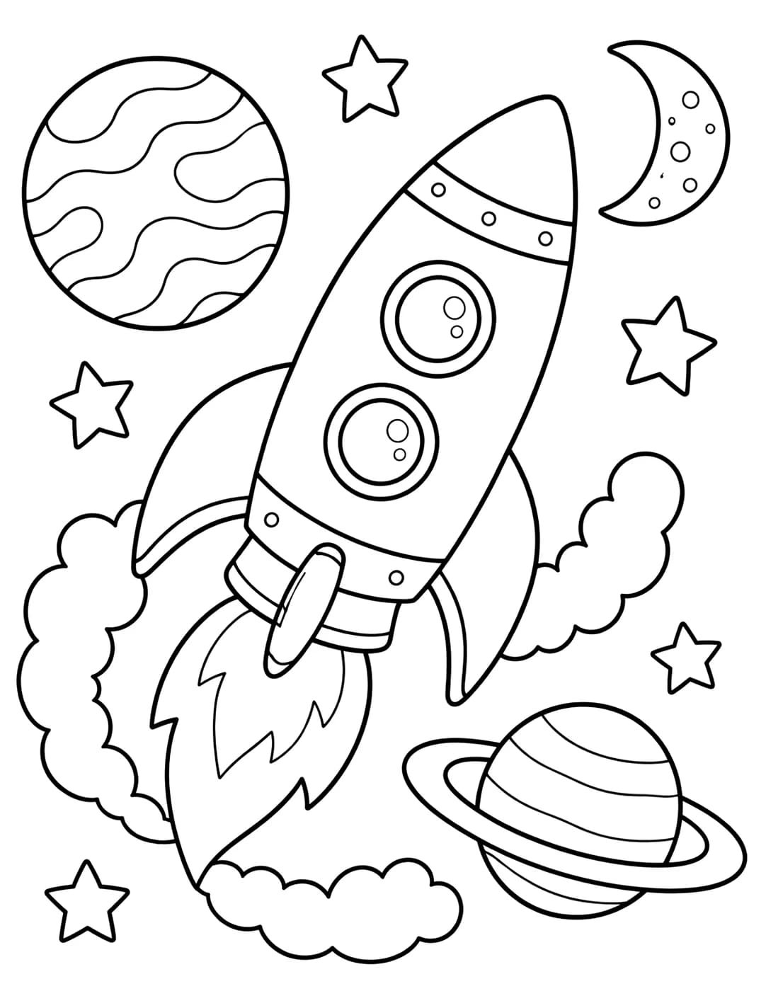 Line art of a rocket launching past planets, stars, and a crescent moon