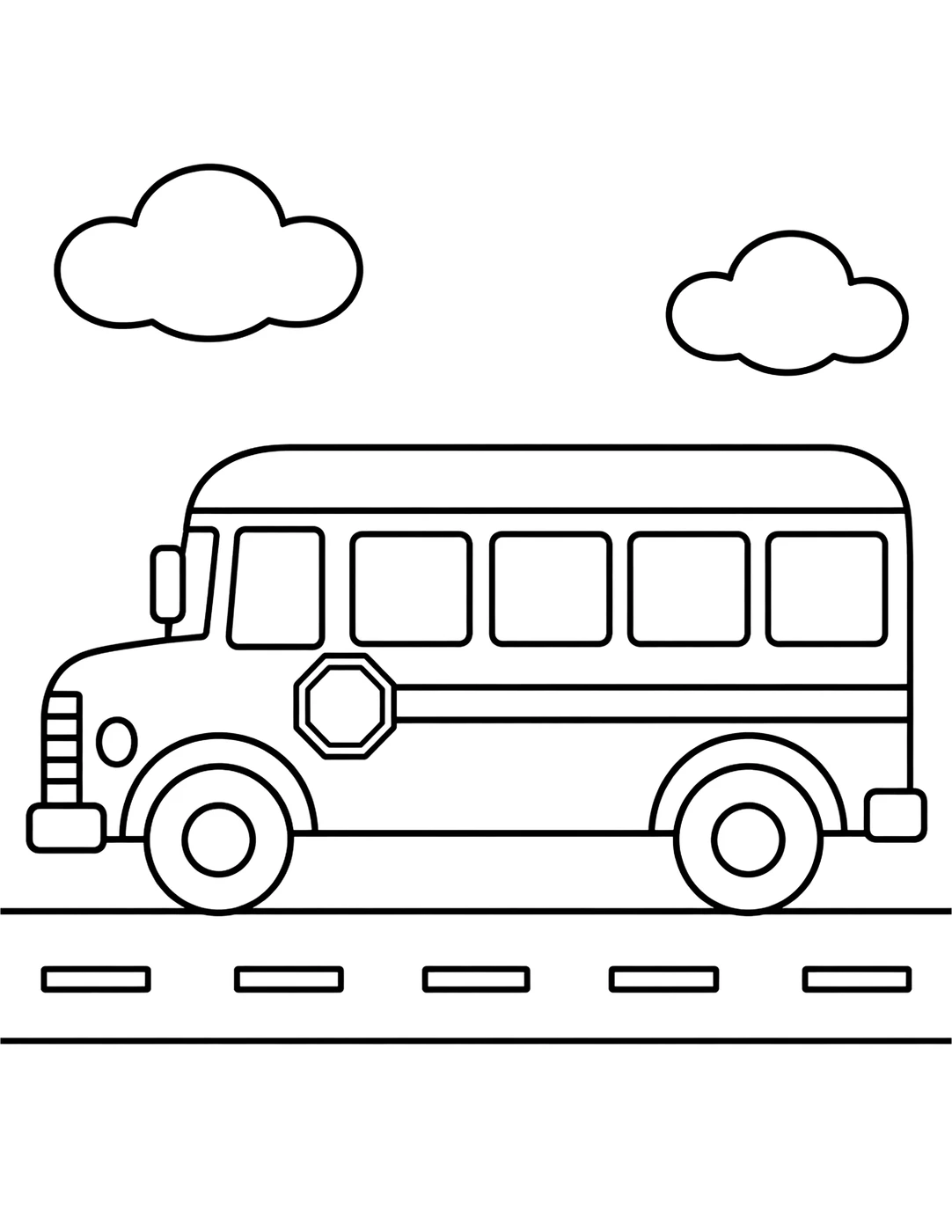 Line art of a school bus driving down the road