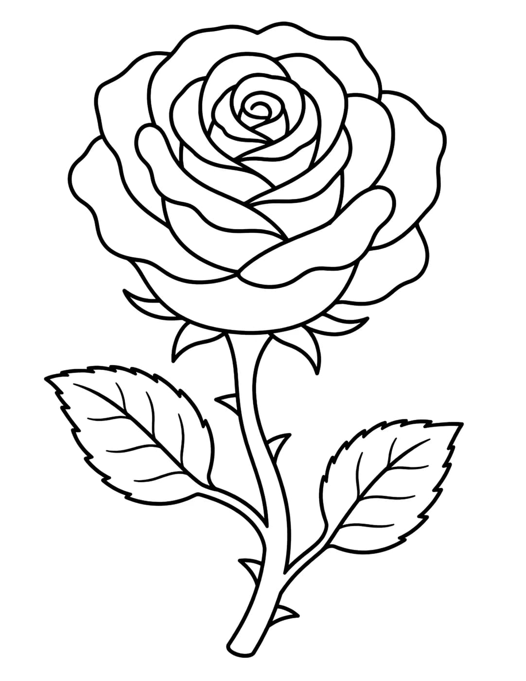 Line art of a single rose in full bloom with a curving stem and leaves