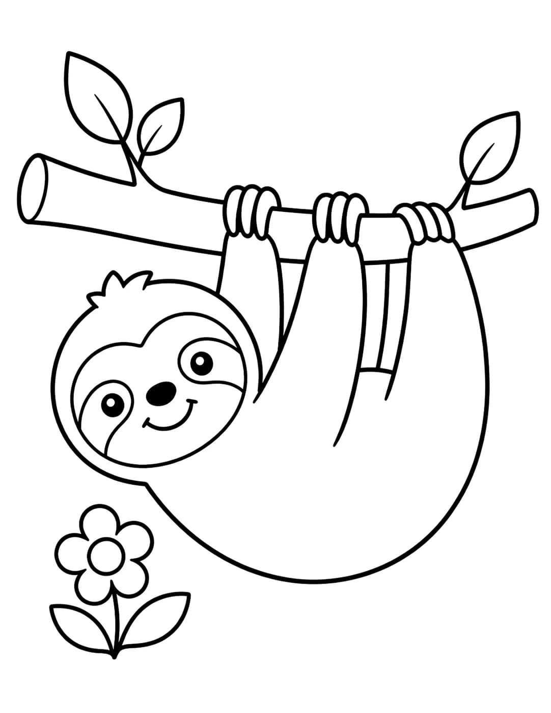 Line art of a smiling sloth hanging from a tree branch