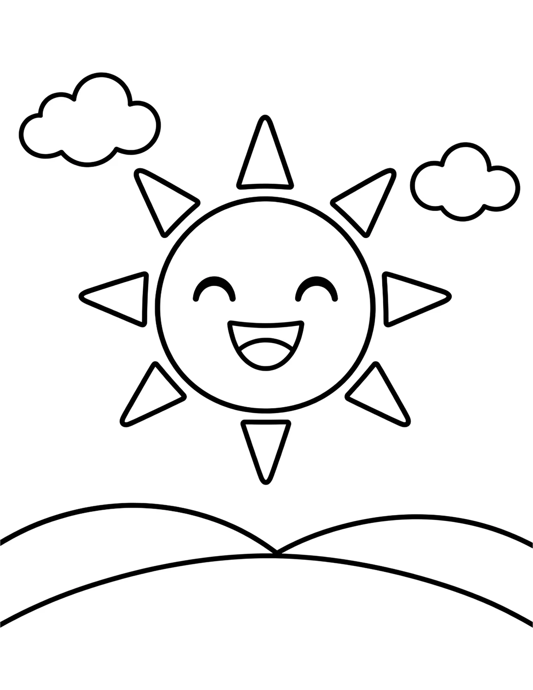 Line art of a smiling sun over rolling hills