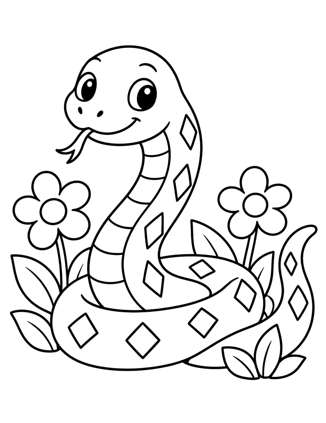 Line art of a friendly snake coiled among garden flowers