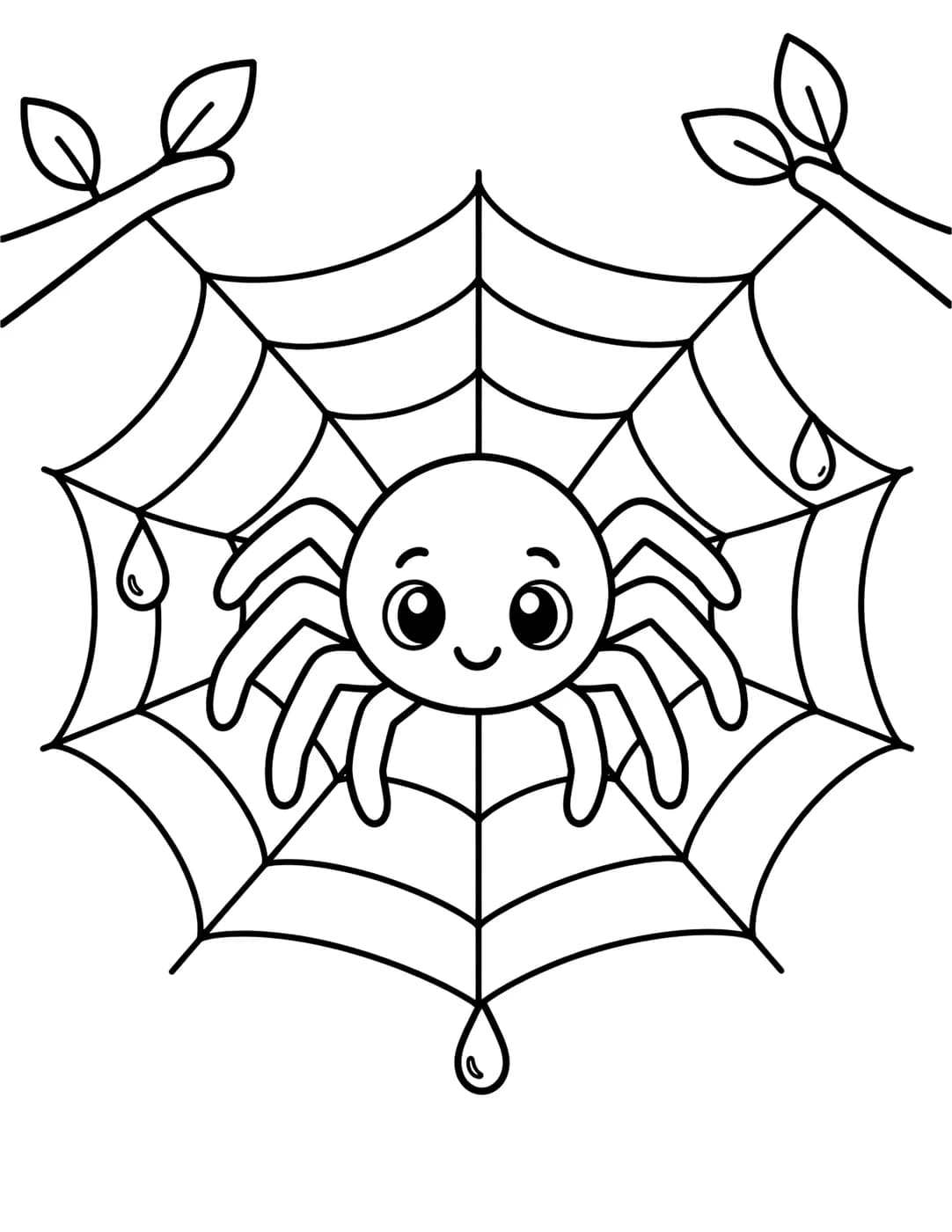 Line art of a cute spider on its web