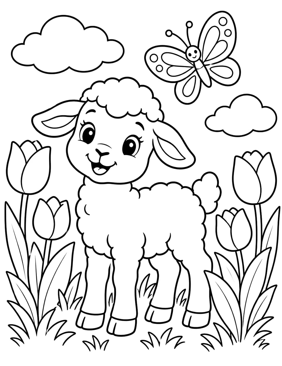 Line art of a lamb standing in a field of tulips with a butterfly overhead