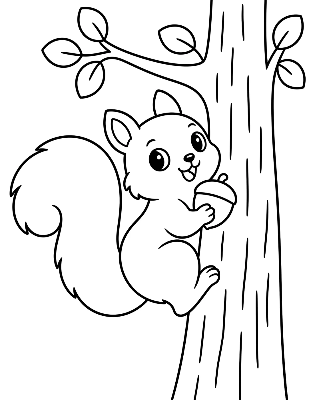 Line art of a squirrel climbing a tree trunk with an acorn