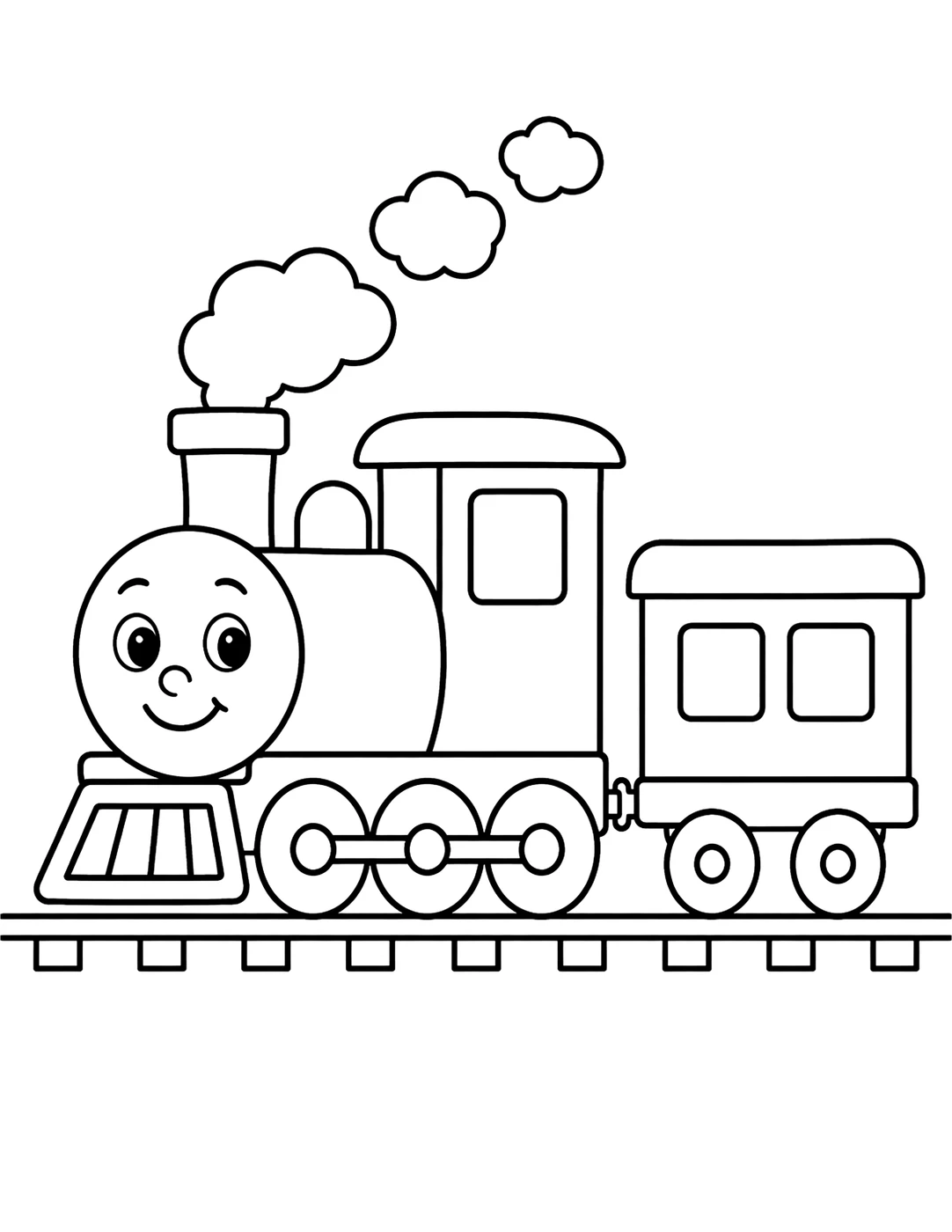 Line art of a cartoon steam train with puffing smoke and a carriage