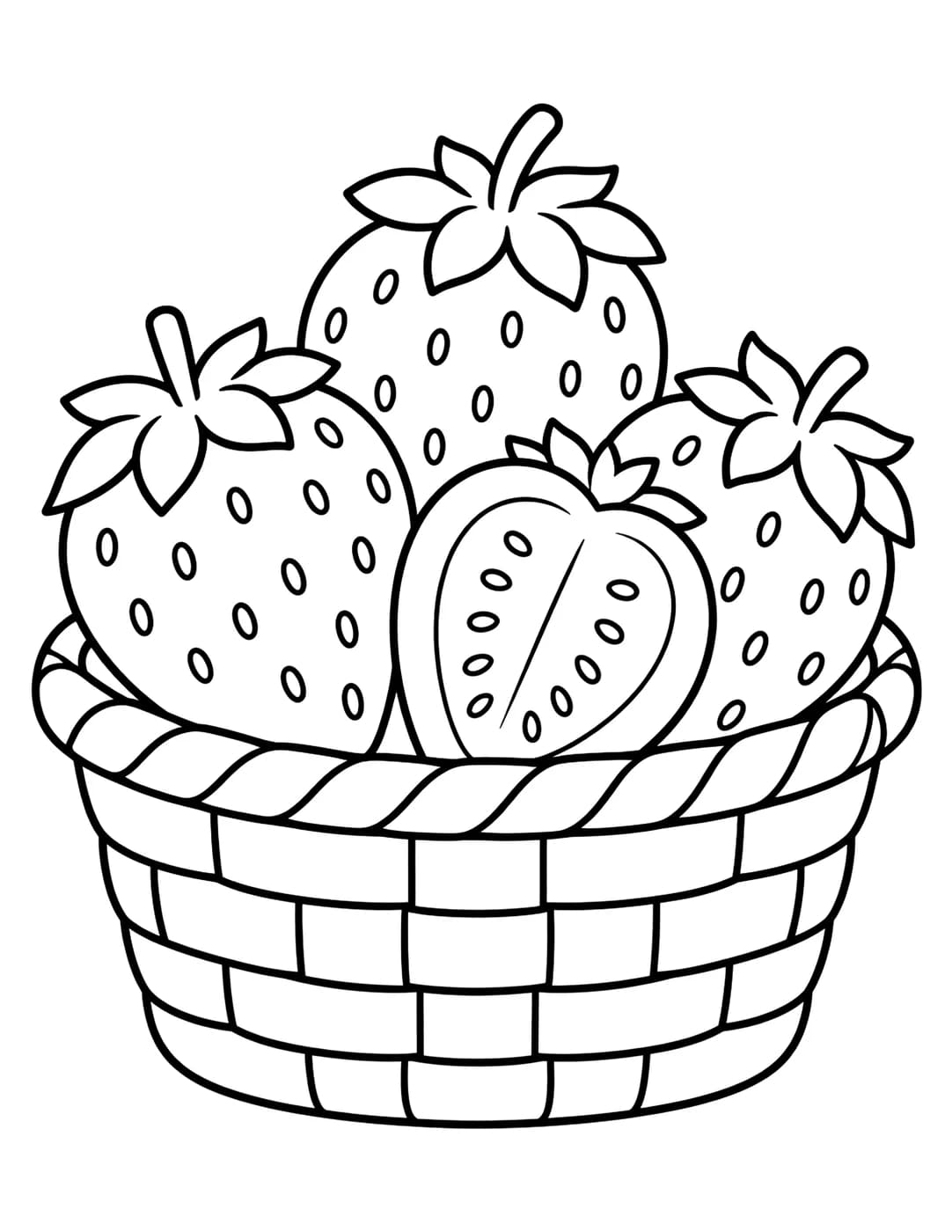 Line art of strawberries with leaves in a basket