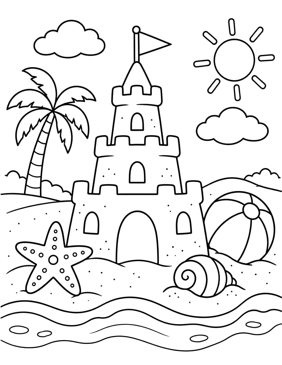 Line art of a beach scene with a sandcastle, starfish, and beach ball