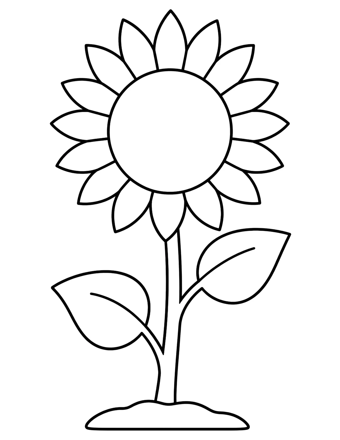 Line art of a tall sunflower with a large round center and leaves
