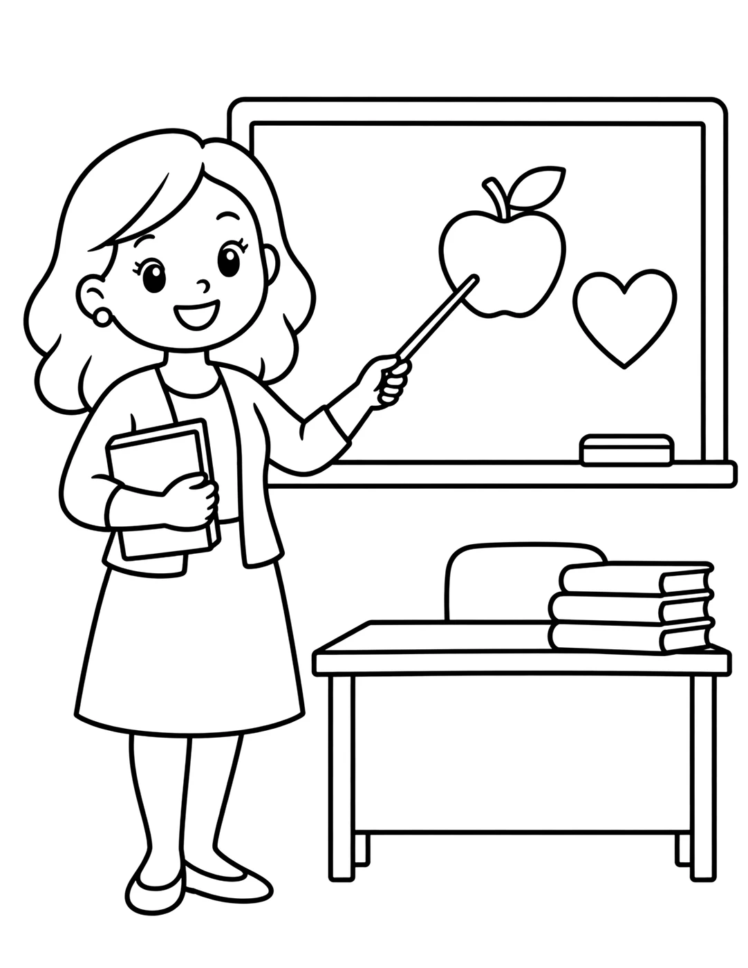 Line art of a teacher at a chalkboard with an apple