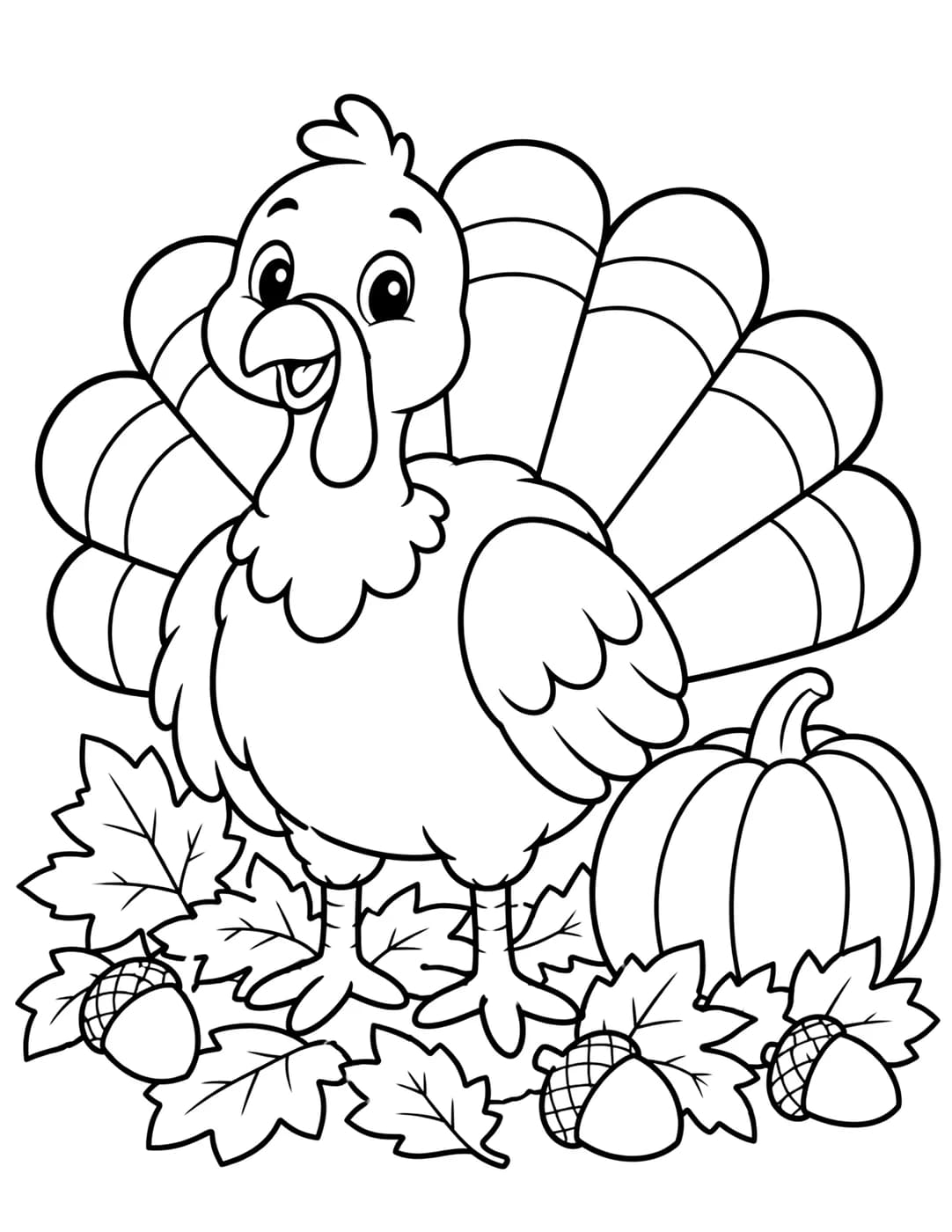 Line art of a turkey with a fanned tail standing among autumn leaves and a pumpkin