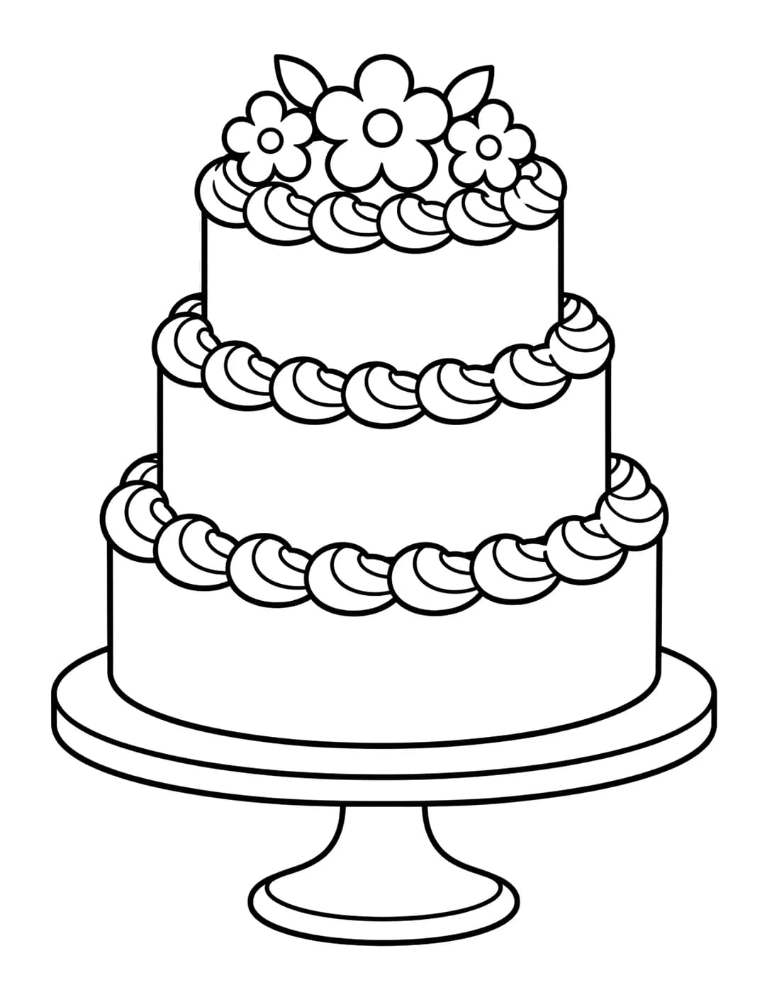 Line art of a three-tier cake with frosting swirls