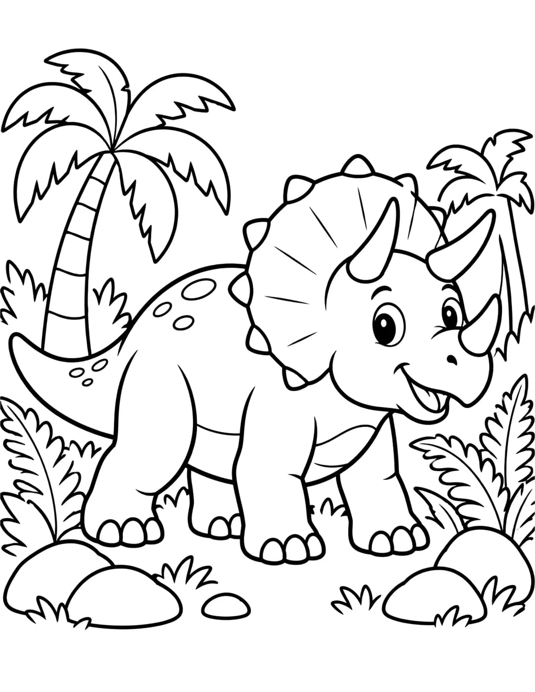 Line art of a friendly triceratops standing among prehistoric ferns