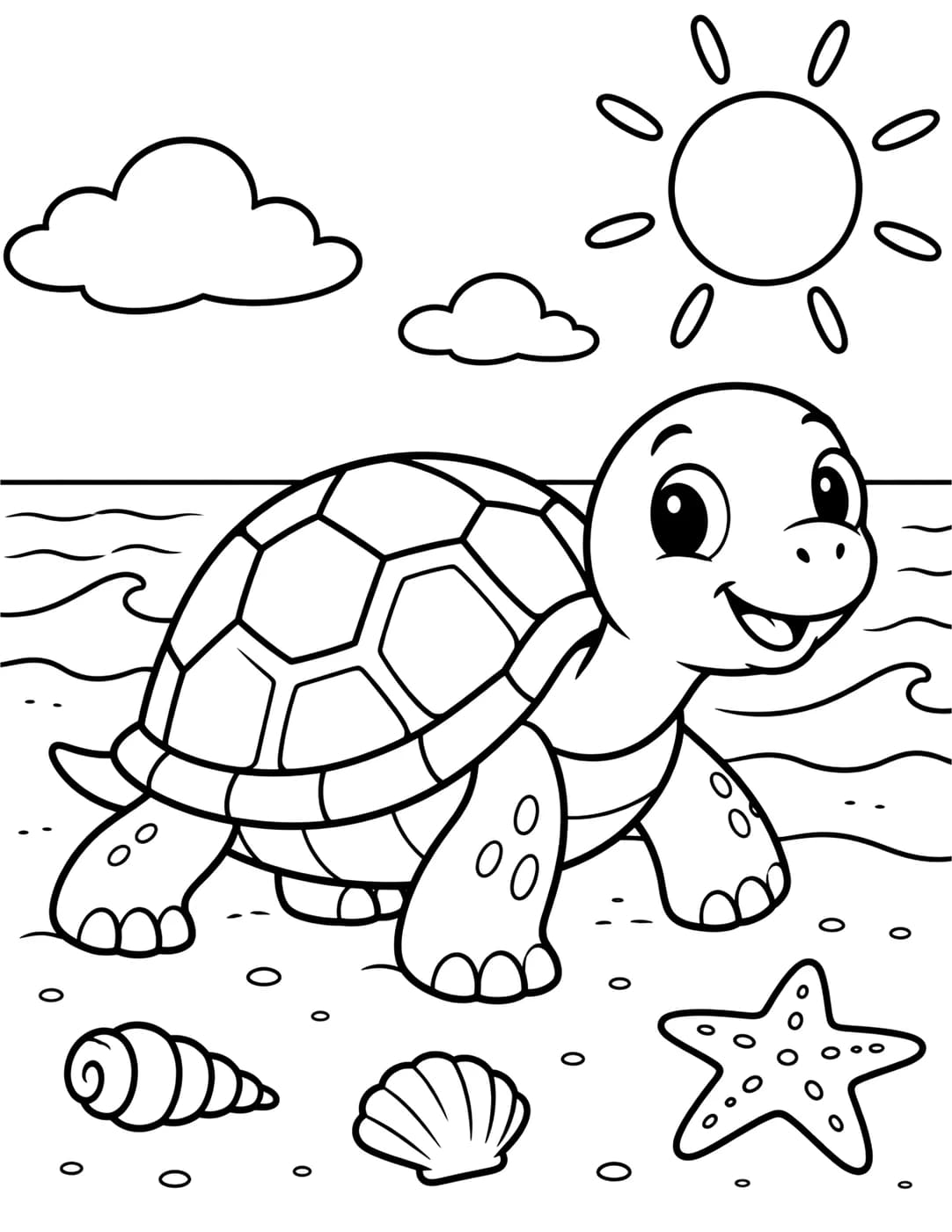 Line art of a turtle walking along a sandy beach near a starfish and shells