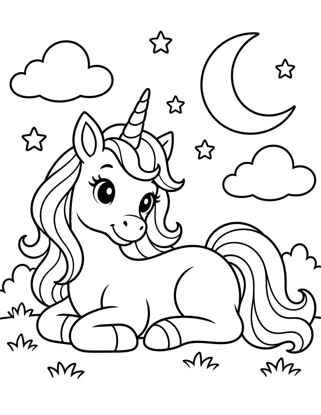 Line art of a unicorn resting under a starry night sky with a crescent moon