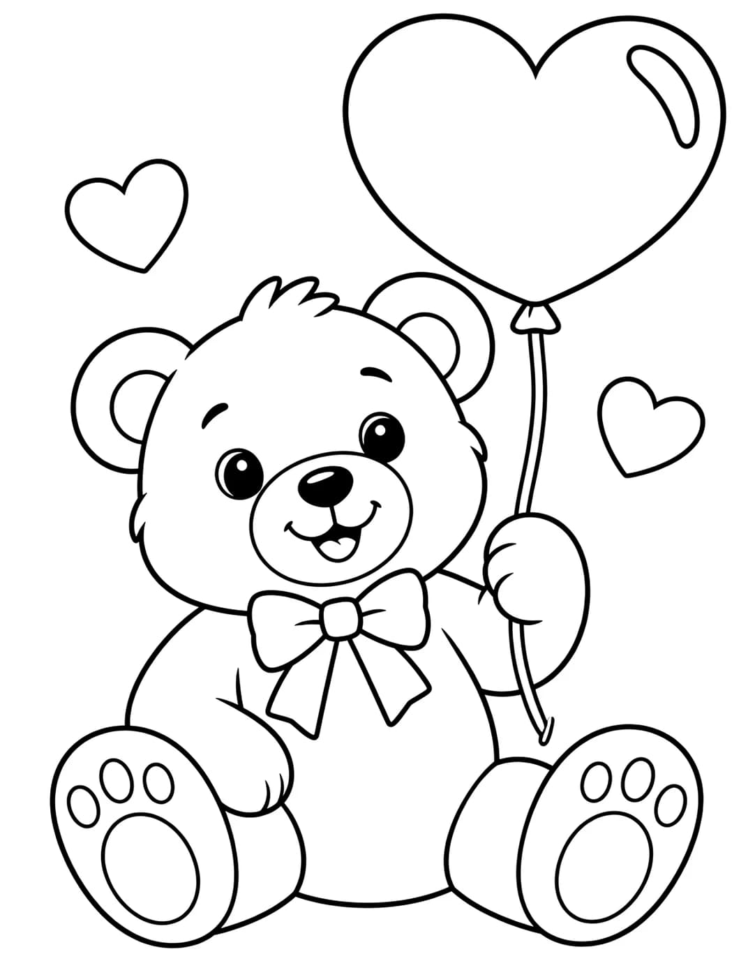Line art of a teddy bear holding a heart-shaped balloon