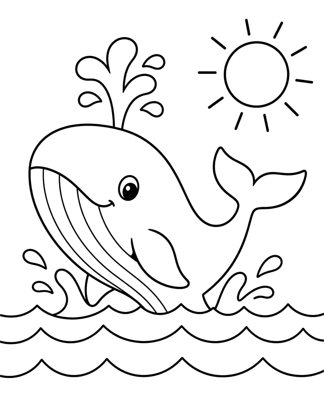 Line art of a whale breaching the ocean surface with water spouting from its blowhole