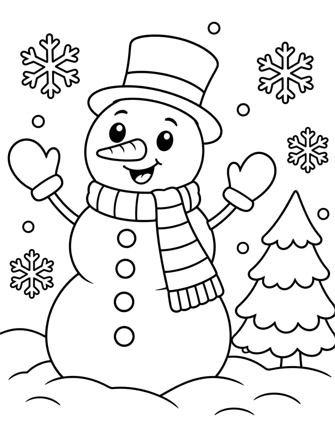 Line art of a snowman with a scarf and mittens standing next to a pine tree in falling snow