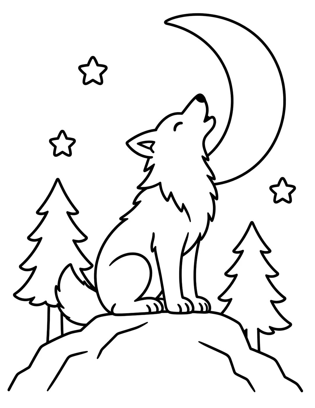 Line art of a wolf howling at the moon